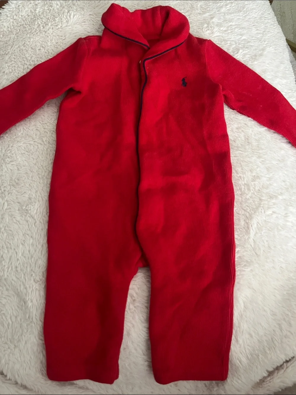 Ralph Lauren Red Knit Footed One-Piece with Navy Trim